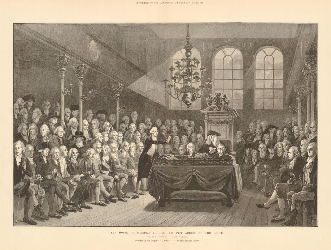 Mr. Pitt addressing the House of Commons in 1793. London. Politics 1885 print